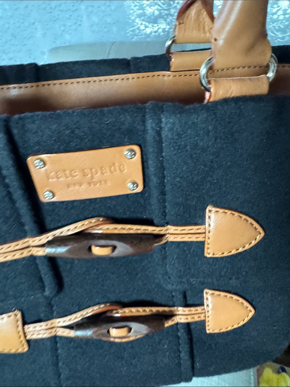 kate spade Black Wool Tote with Tan Leather Trim and Toggle Accents - Picture 7 of 7
